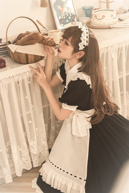 Front Ribbon Lantern Long Sleeve Maid Dress + Ruffle Big Ribbon Apron