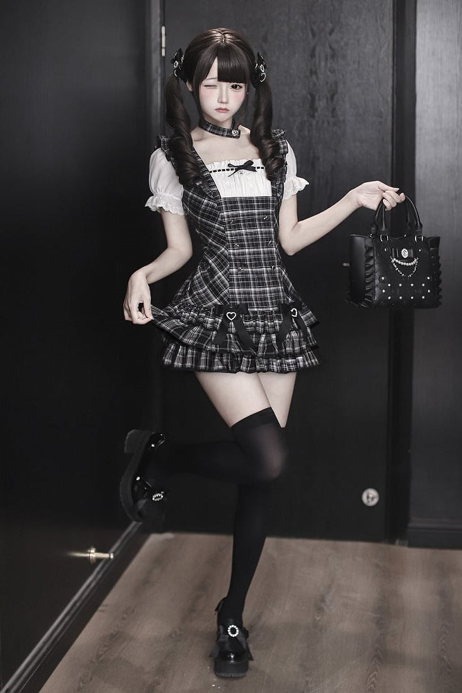 [pre-order Deadline: April 29] Black Check Ruffle Ribbon Puff Sleeve Mini Dress Set + Choker