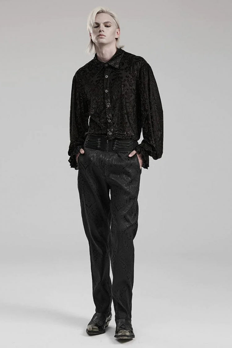 Black Lapel Collar Long Trumpet Sleeves Bronzing Pattern Print Gothic Blouse