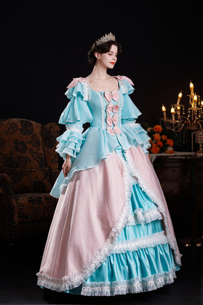 Blue/pink Square Collar Long Trumpet Sleeves Triple-layered Ruffled Open-front Bow Classic Palace Lolita Victorian Dress