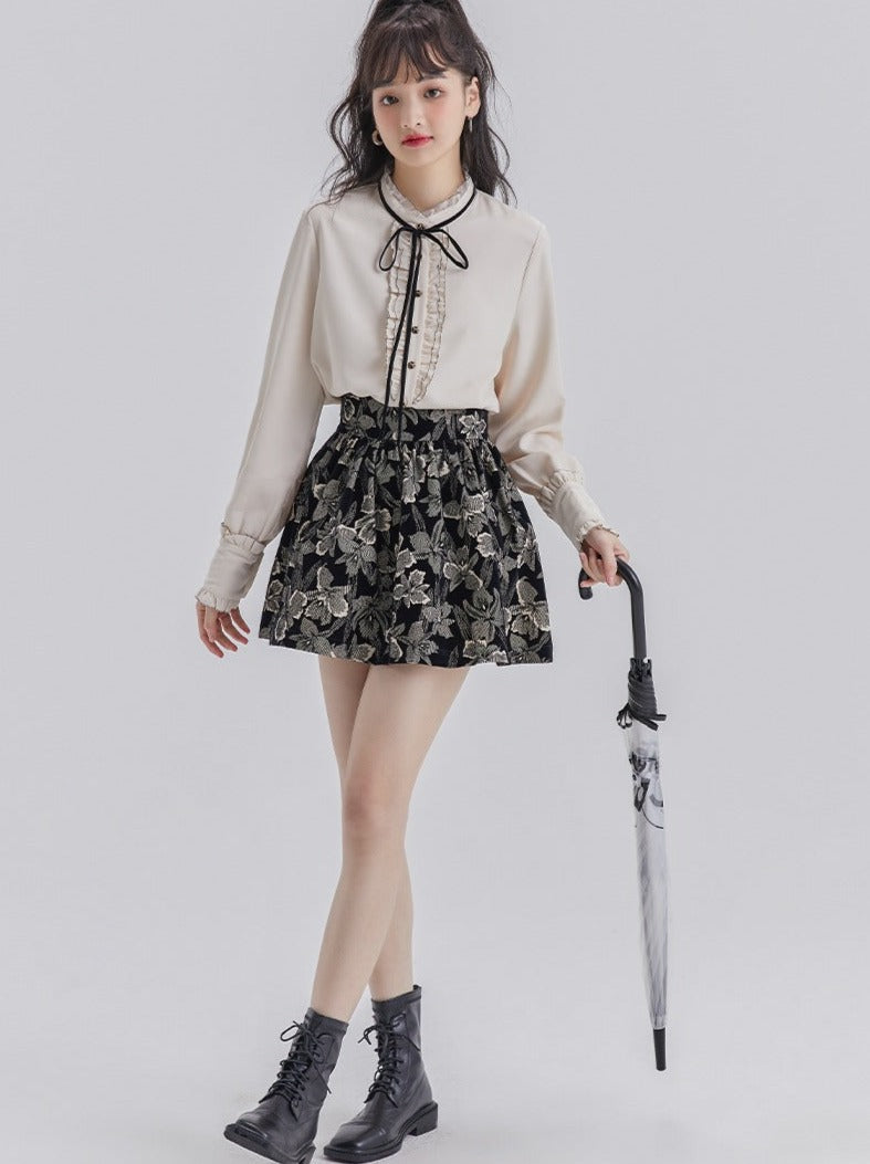 Lace Ruffle Bow Blouse + Jacquard Skirt