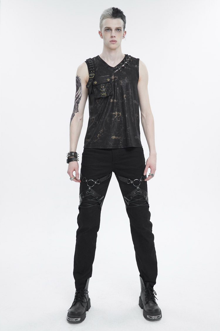 Black Personalized Print Big Pocket Buckle Punk Tank Top