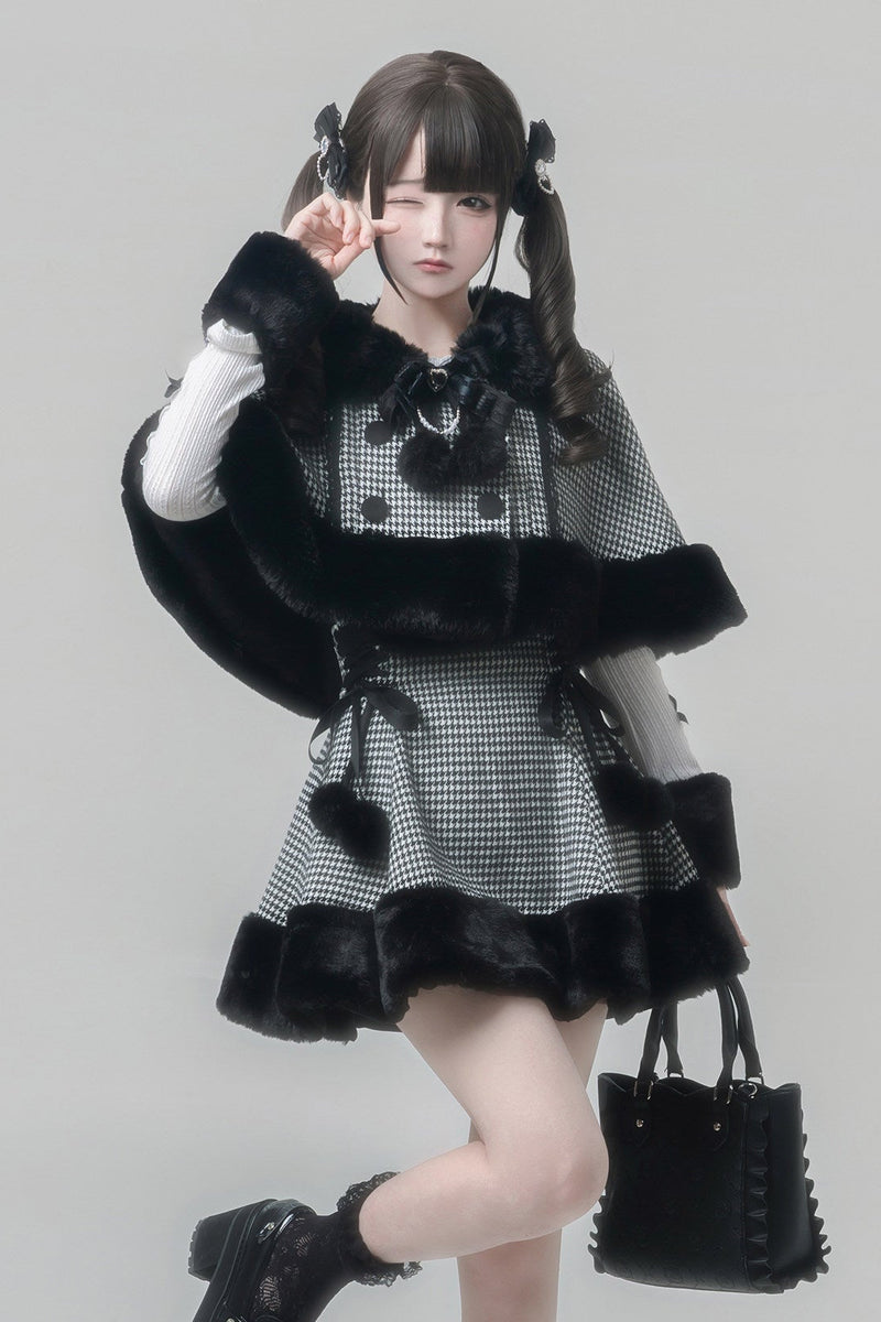 [reservation Deadline February 7th] Retro Check Black Fur Cape + Skirt + Inner Top