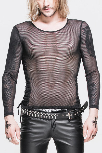 Black Diamond Shaped Mesh Round Neck Long Sleeves Punk T-shirt