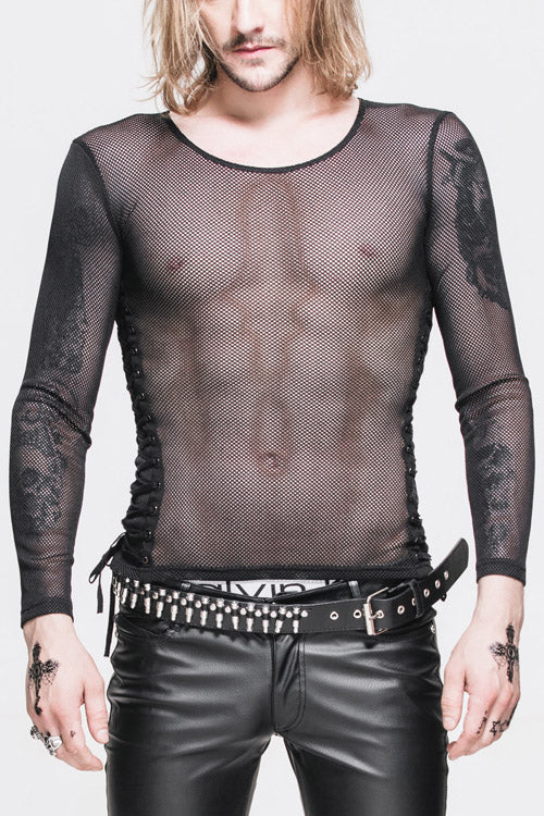 Black Diamond Shaped Mesh Round Neck Long Sleeves Punk T-shirt
