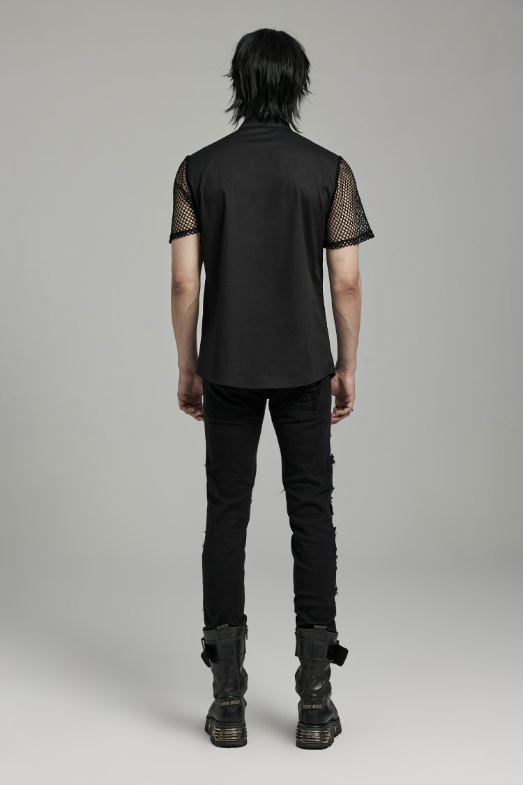 Black Lapel Collar Short Sleeves Mesh Stitching Punk Blouse