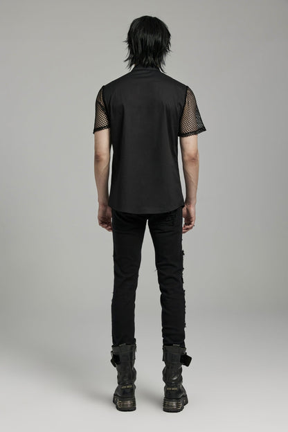 Black Lapel Collar Short Sleeves Mesh Stitching Punk Blouse