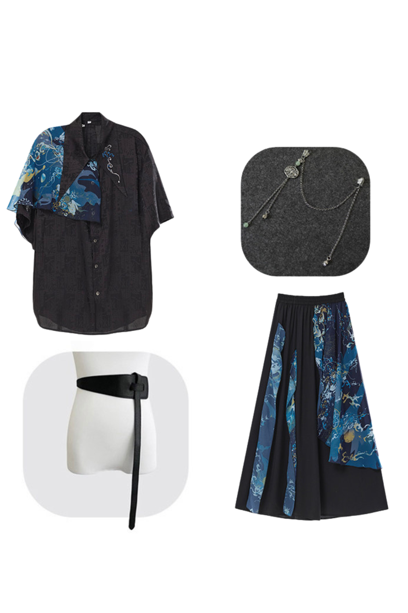 Dark Chinese-style Shirt + Wide Leg Pants + Chain + Belt