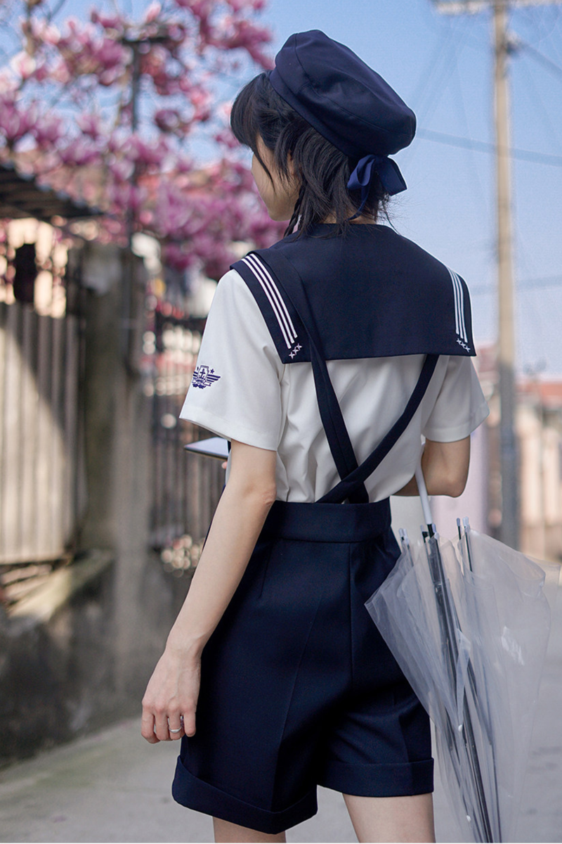 Sailor Shirt + Suspender Shorts + Tie + Beret