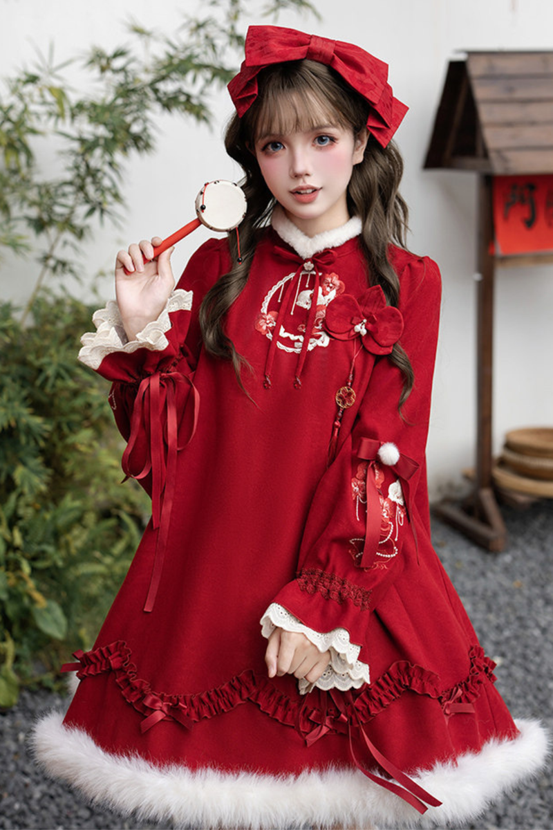 Chinese-style Big Sleeve Dress + Apron + Skirt + Leg Warmers + Hairband + Clip + Pin