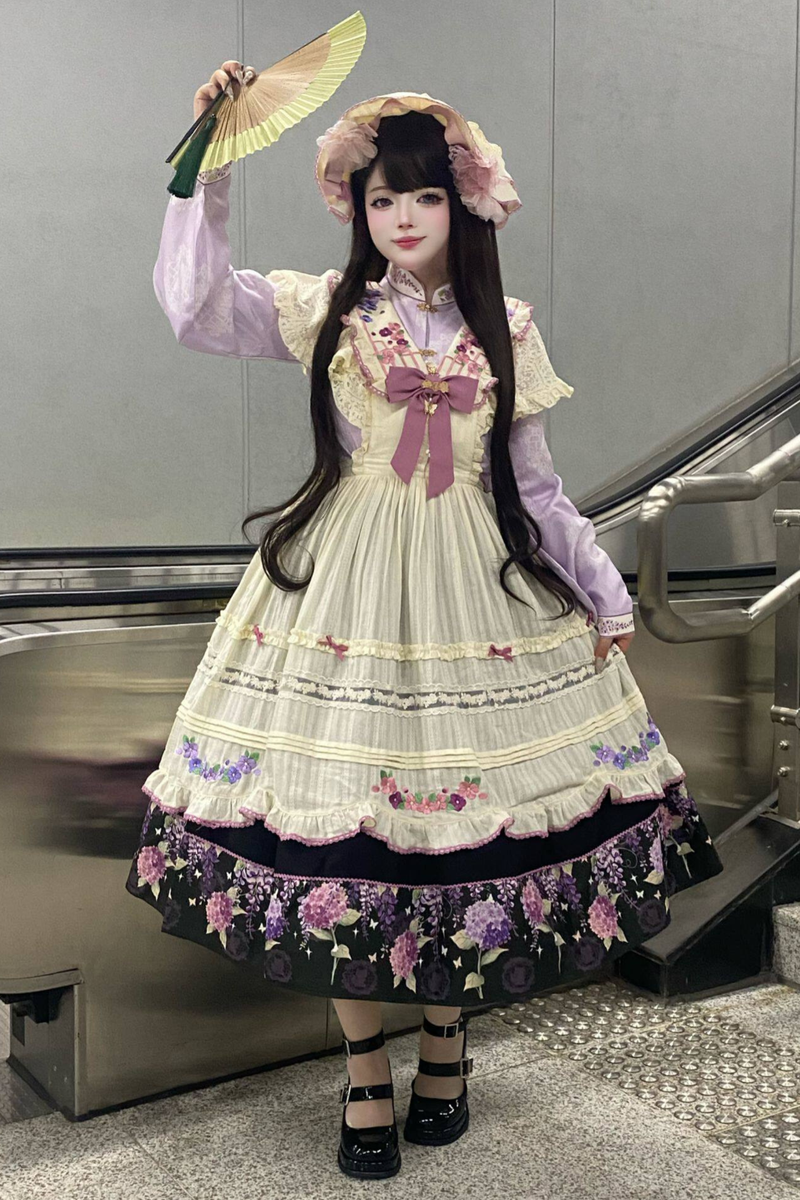 Chinese-style Lolita Top + Skirt + Apron + Headband + Bonnet