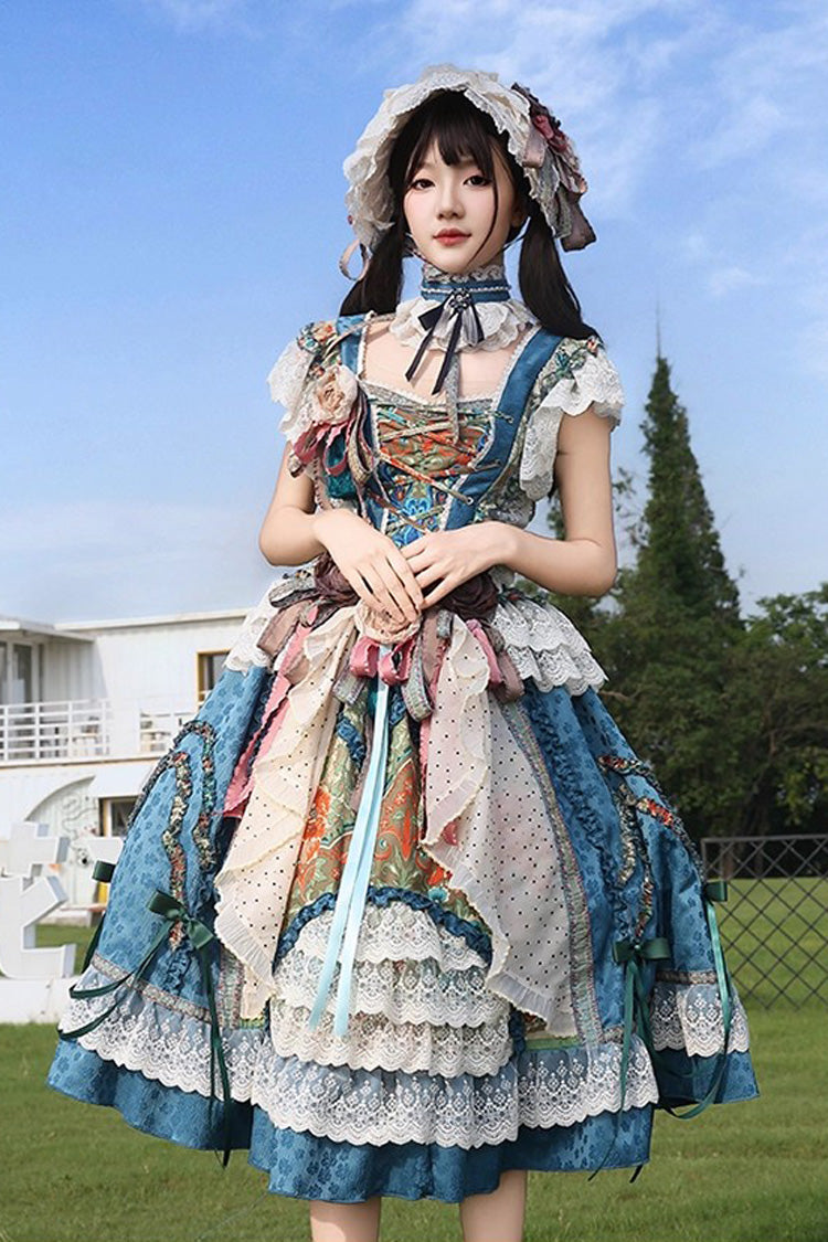 Blue [lake Monet] Sleeveless High Waisted Print Ruffle Cardigan Bowknot Lace-up Classic Princess Lolita Jsk Dress