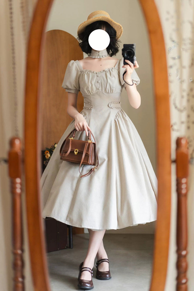 Light Khaki [chantilly Forest] Square Collar Short Sleeves Striped Printed Ruffled Classic Lolita Dress