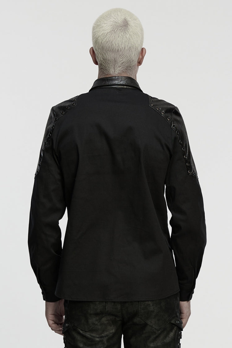 Black Lapel Collar Long Sleeves Stitching Eyelet Punk Blouse