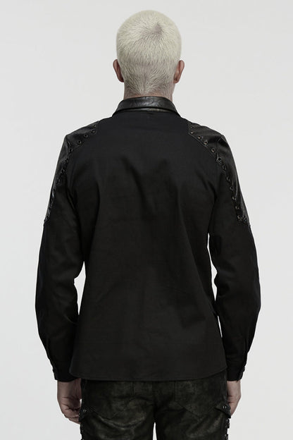 Black Lapel Collar Long Sleeves Stitching Eyelet Punk Blouse