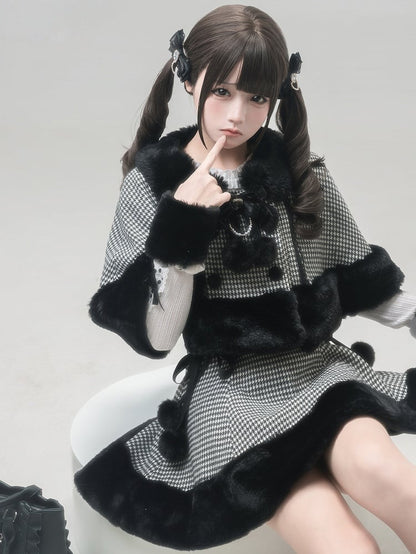 [reservation Deadline February 7th] Retro Check Black Fur Cape + Skirt + Inner Top