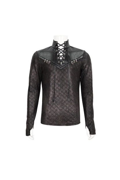 Black Stand Collar Long Sleeves Faux Leather Splice Gothic Shirt