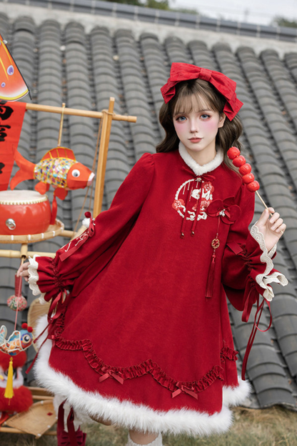 Chinese-style Big Sleeve Dress + Apron + Skirt + Leg Warmers + Hairband + Clip + Pin
