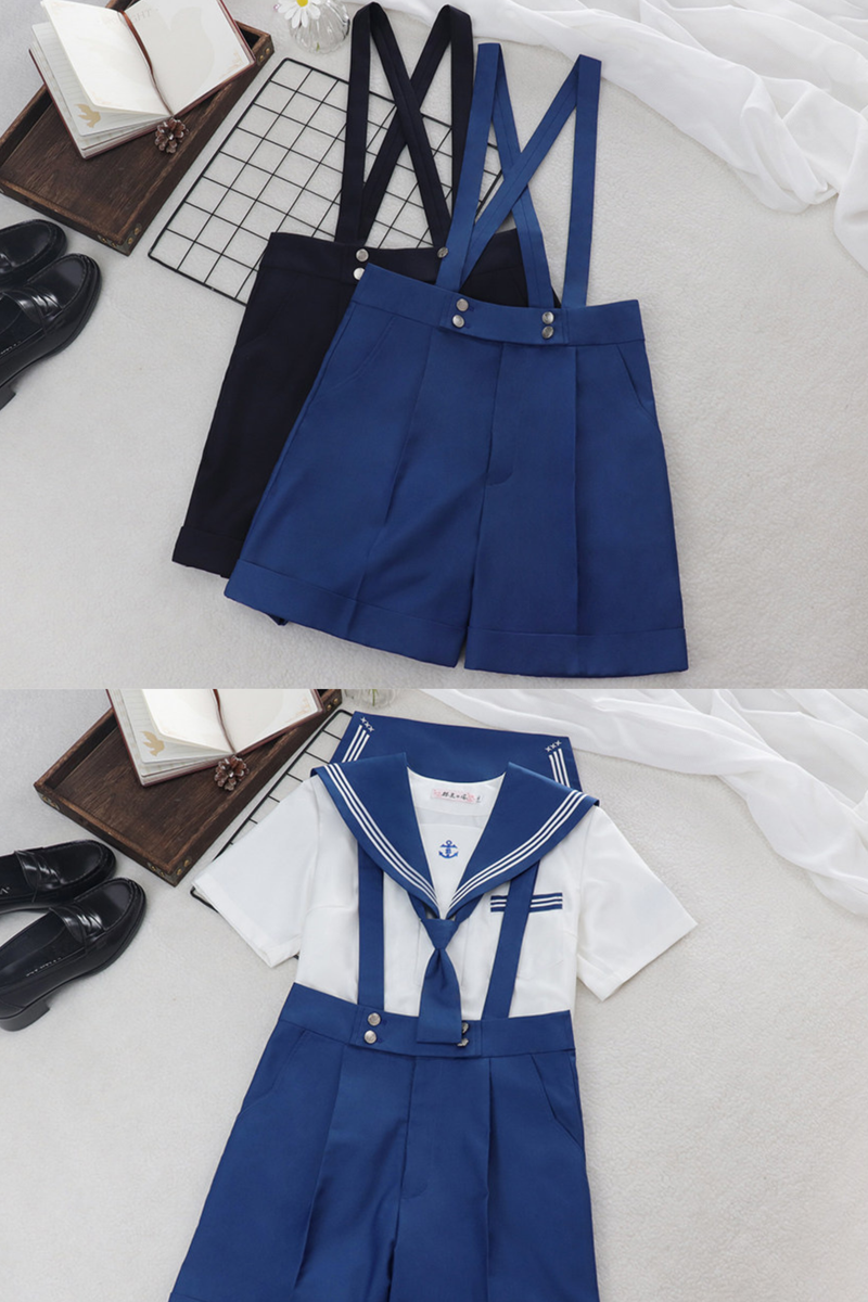 Sailor Shirt + Suspender Shorts + Tie + Beret