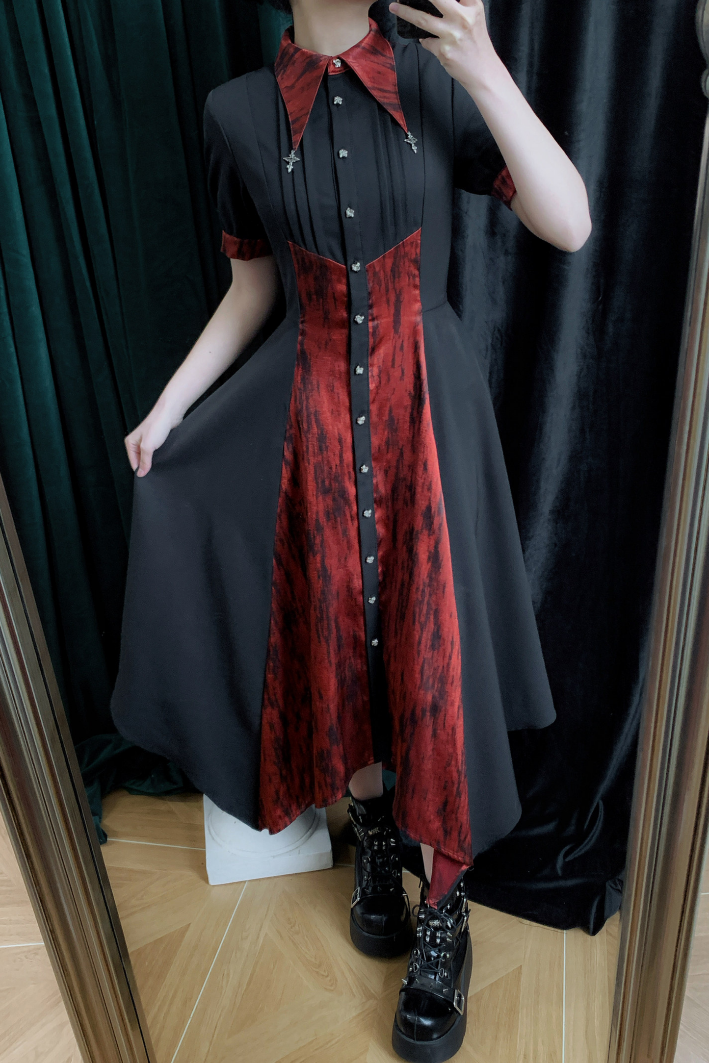 High Collar Blocking Asymmetrical Dress
