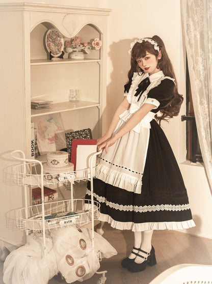 Front Ribbon Lantern Long Sleeve Maid Dress + Ruffle Big Ribbon Apron