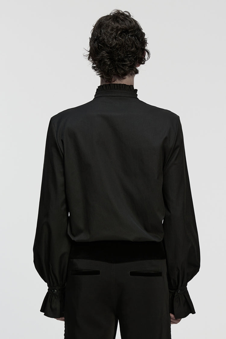 Black Stand Collar Long Sleeves Ruffle Embroidery Pleated Gothic Blouse
