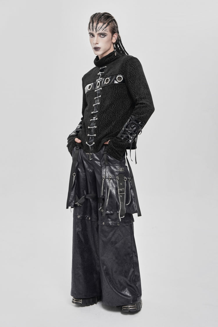 Black Stand Collar Long Sleeves Faux Leather Stitching Chain Eyelet Punk Blouse