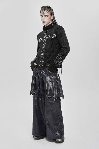 Black Stand Collar Long Sleeves Faux Leather Stitching Chain Eyelet Punk Blouse
