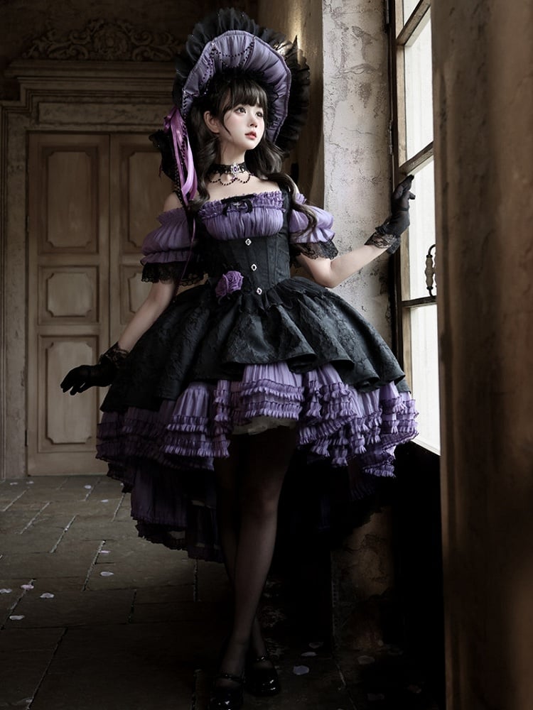 [pre-order Deadline: April 28] Purple X Black Gothic Lolita Corset Layered Jsk Dress + Off-shoulder Lace Puff Top