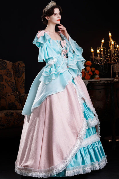 Blue/pink Square Collar Long Trumpet Sleeves Triple-layered Ruffled Open-front Bow Classic Palace Lolita Victorian Dress