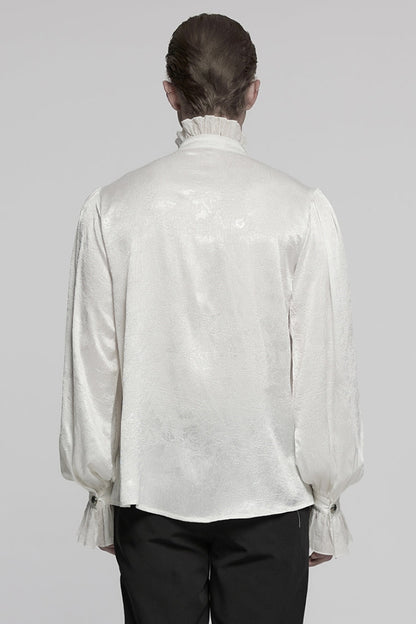 White Stand Collar Long Puff Sleeves Jacquard Ruffle Embroidery Gothic Blouse