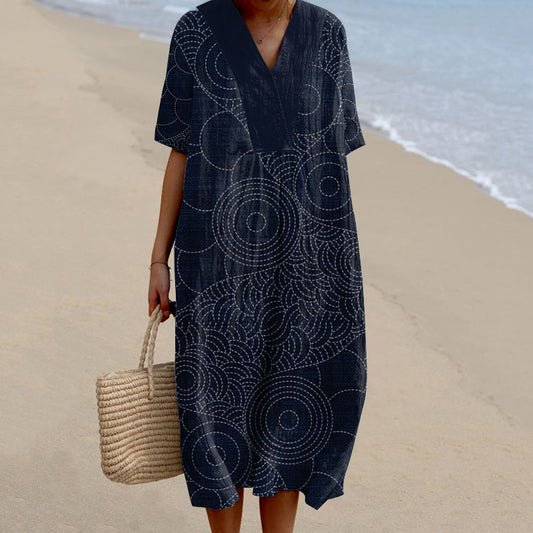 Retro Japanese Traditional Sashiko Art Pattern Linen Blend Midi Dress elevenforest