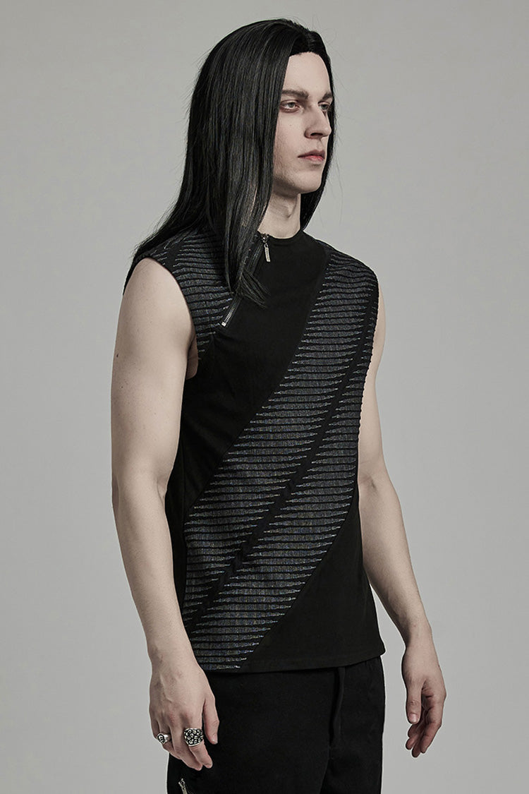 Black Sleeveless Print Asymmetric Zipper Punk Tank Top