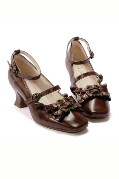 Leather Ribbon Ruffle Lolita Heels