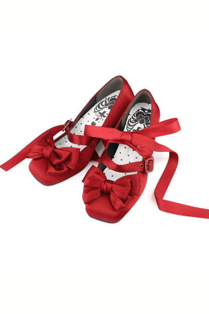 Lace-up Ribbon Satin Square Toe Shoes