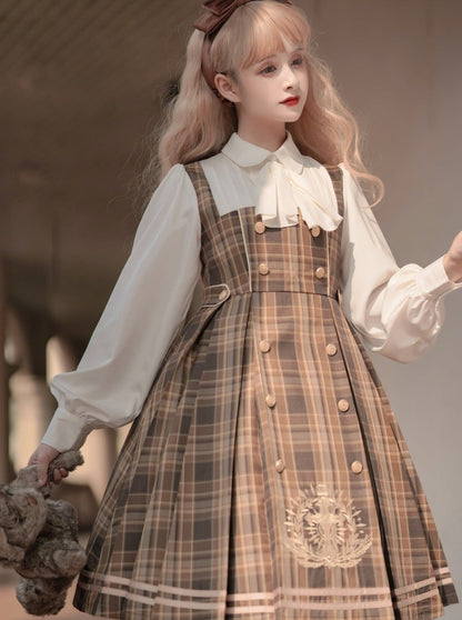 Bow Collar Volume Sleeve Plaid Dress + Cross Plaid Cape Coat