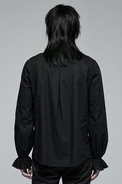 Black Gothic Pure Cotton No Elasticity Neckline Pleats Lace Ruffle Embroidery Tie Rope Design Shirt