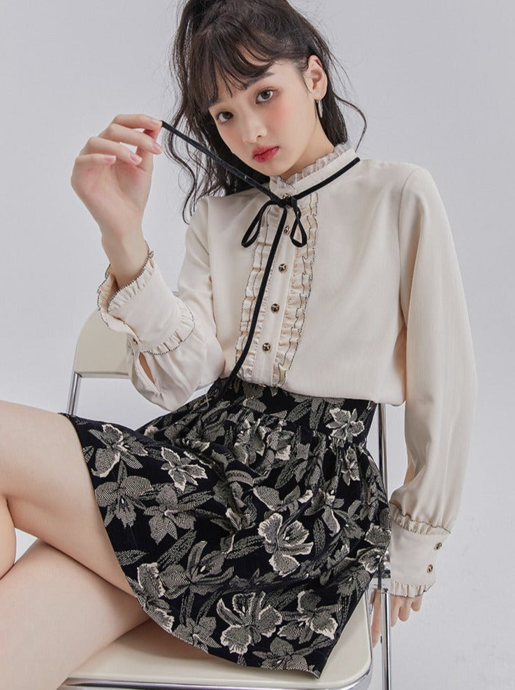 Lace Ruffle Bow Blouse + Jacquard Skirt
