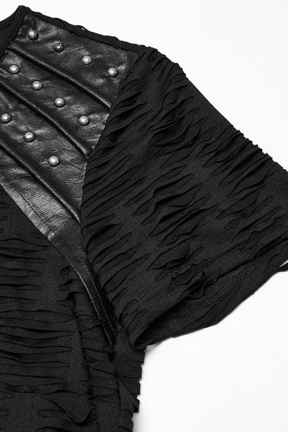 Black Short Sleeves Jacquard Faux Leather Stitching Ripped Rivet Punk T-shirt