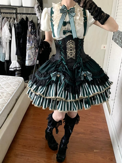 [pre-order Deadline: May 20] Magical Girl Lolita Lace Puff Sleeve Shirt + Black X Green Ribbon Corset Tiered Dress + Mini Hat