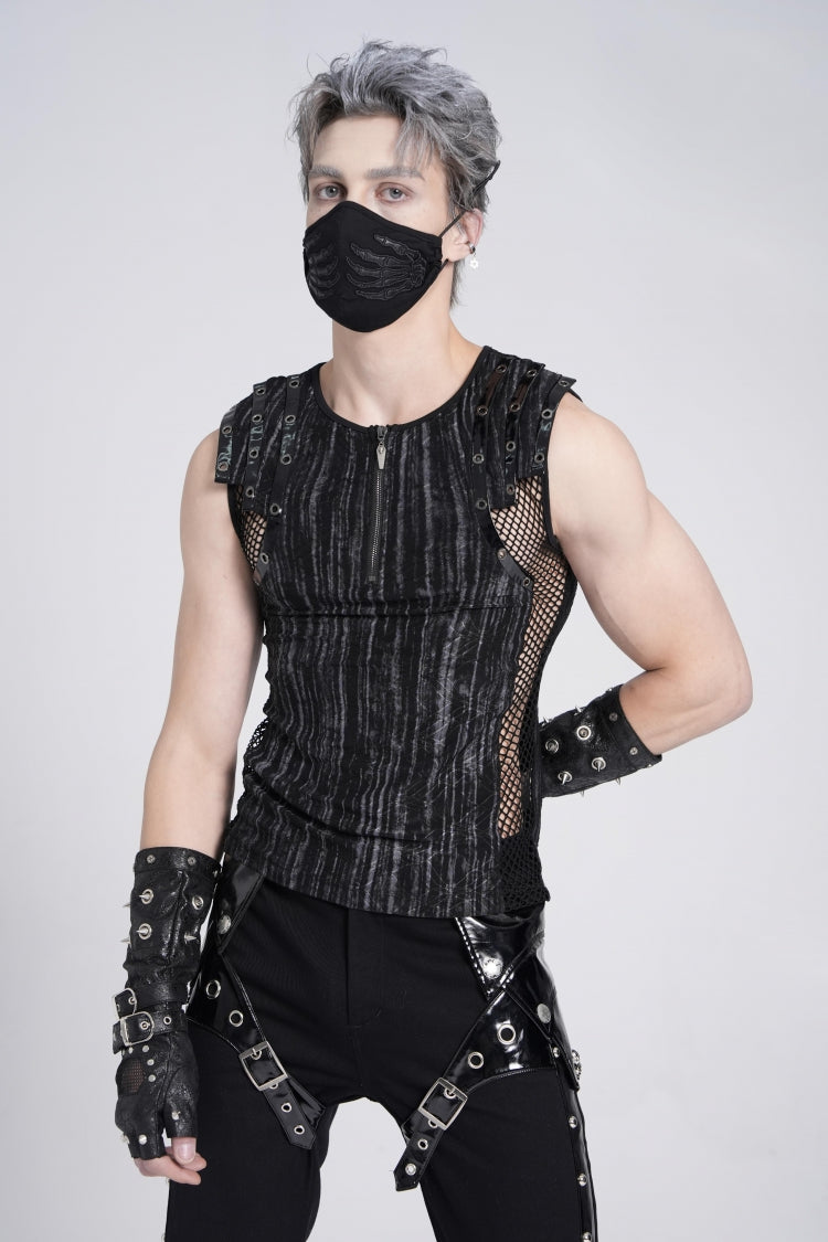 Black Sleeveless Ribbed Print Stitching Mesh Zipper Gothic Vest