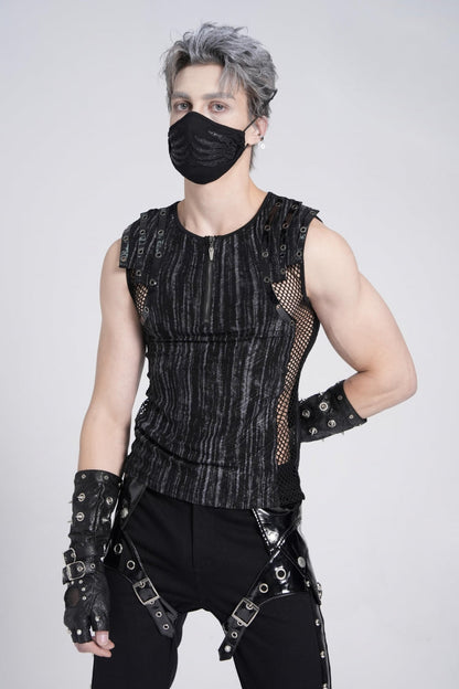 Black Sleeveless Ribbed Print Stitching Mesh Zipper Gothic Vest