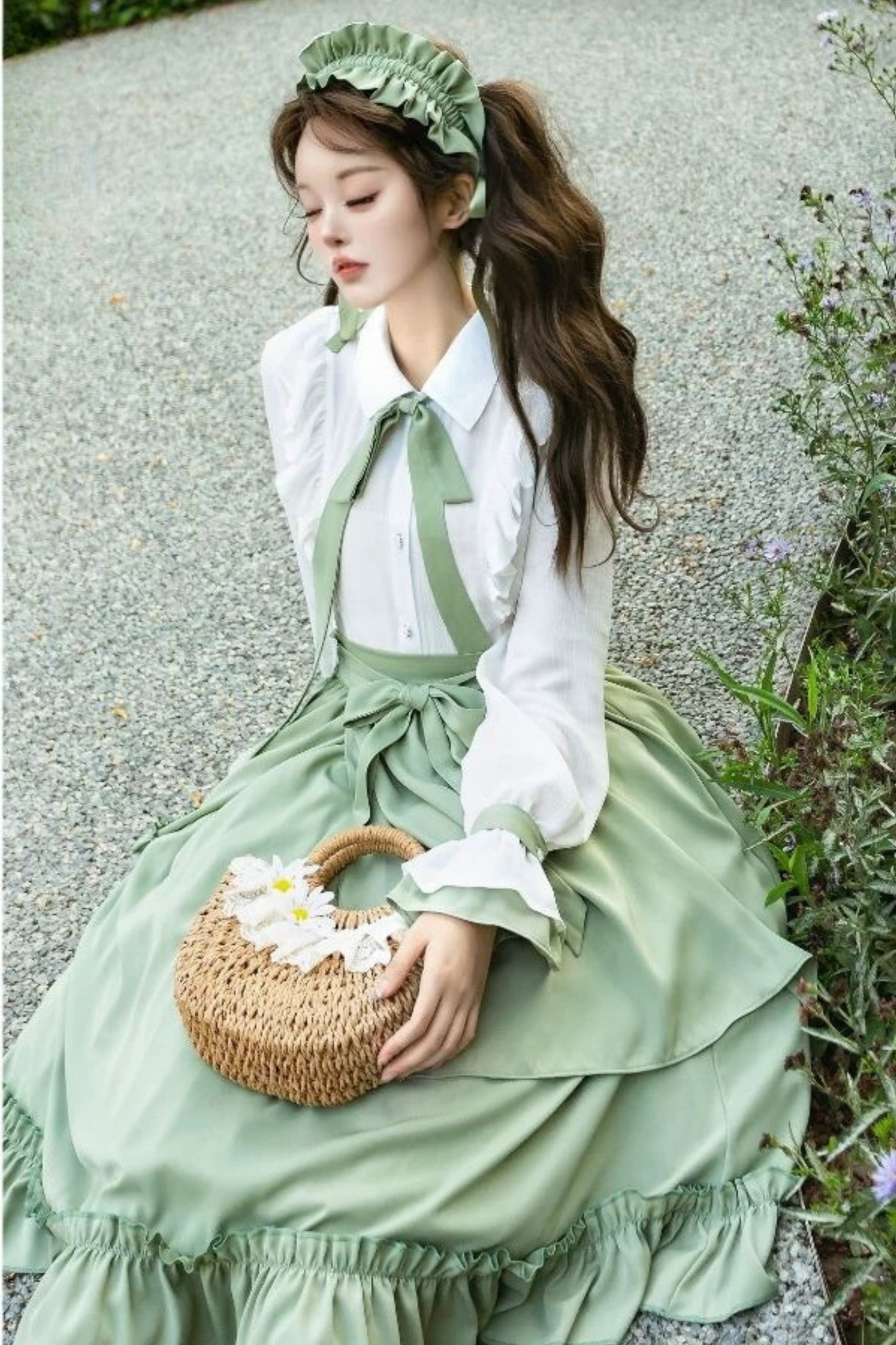 Retro Ruffle Shirt + Flare Skirt + Tie