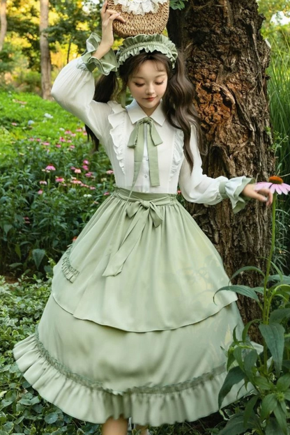 Retro Ruffle Shirt + Flare Skirt + Tie