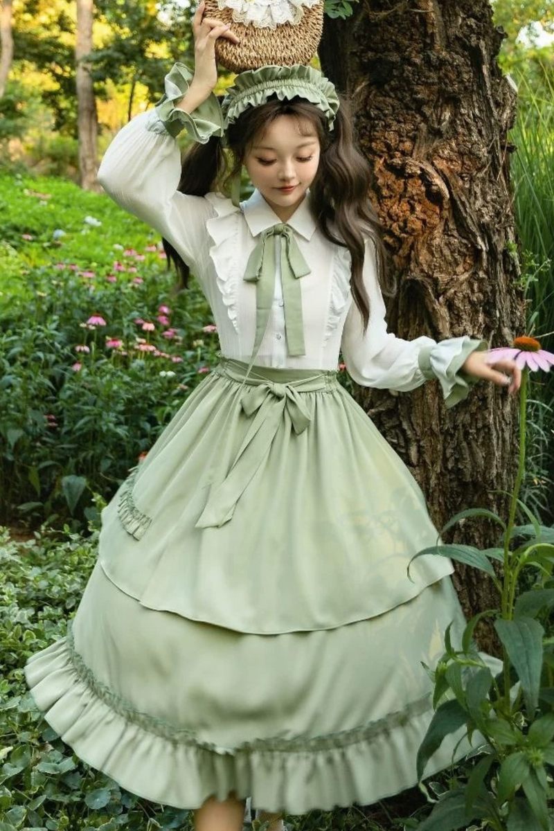 Retro Ruffle Shirt + Flare Skirt + Tie