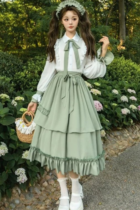 Retro Ruffle Shirt + Flare Skirt + Tie