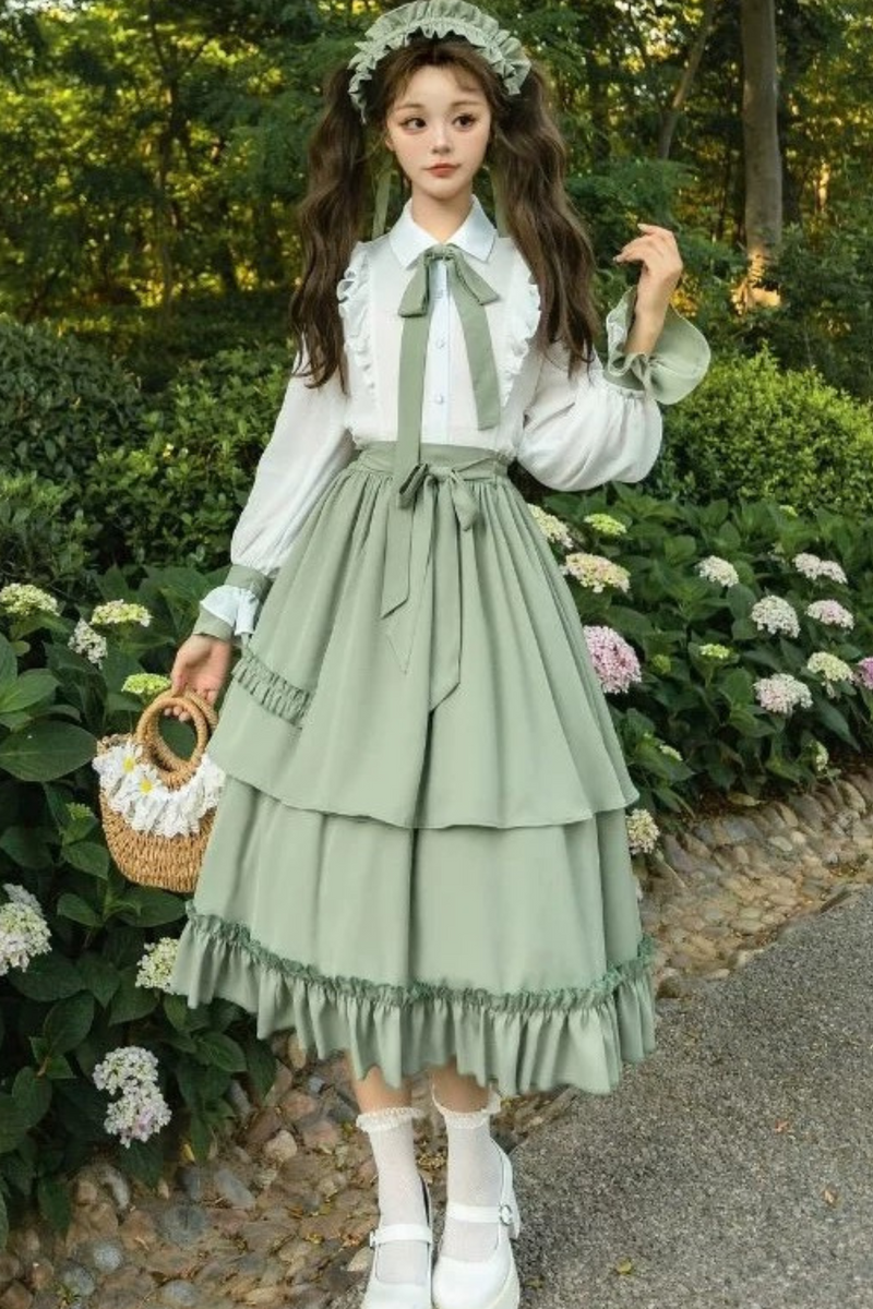 Retro Ruffle Shirt + Flare Skirt + Tie