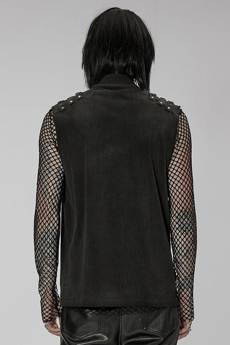 Black Punk Stand Collar Anterior Middle Asymmetry Design Zipper Shoulder Decorate Webbing Vest