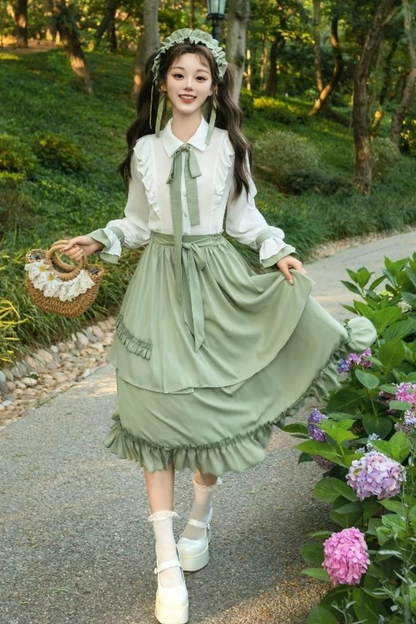 Retro Ruffle Shirt + Flare Skirt + Tie