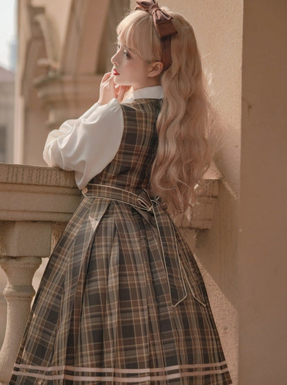 Bow Collar Volume Sleeve Plaid Dress + Cross Plaid Cape Coat